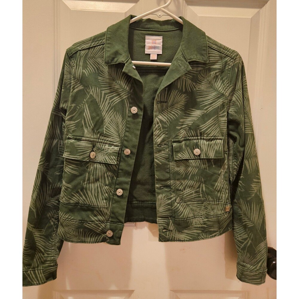 LulaRoe Button Up Jacket Size XXS Green Palm Leaf Stretch Denim Kenny Jacket
